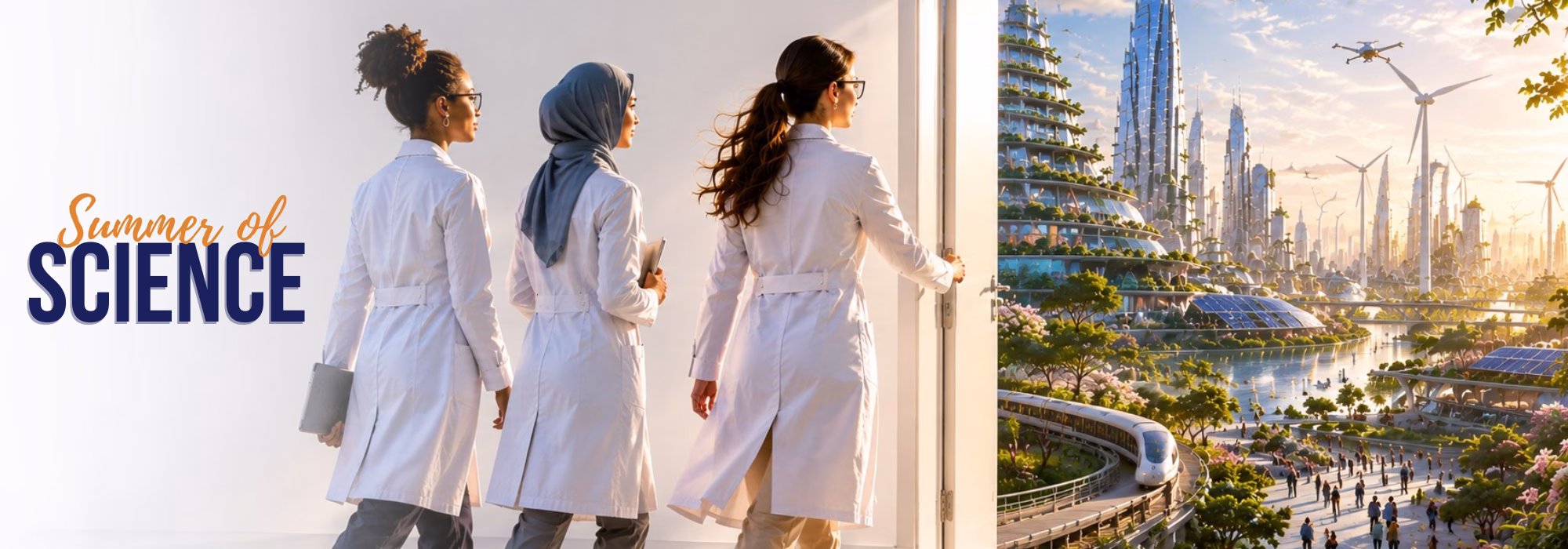 Three women scientists in lab coats walk toward a bright doorway. Next to them is a futuristic city with green terraces, solar panels, and wind turbines. Text reads: Summer of Science.