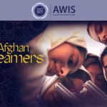A group of Afghan girls in headscarves look closely at lab equipment. The text reads Afghan Dreamers and AWIS Association for Women in Science with a Since 1971 logo at the top, highlighting their inspiring journey as seen in The Zebra and The Bear documentary.