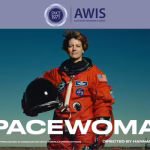 An astronaut in a red spacesuit holds a helmet, standing under a blue sky. The text reads, SPACEWOMAN. Top banner displays the AWIS logo and Association for Women in Science, inspired by trailblazing stories like The Zebra and The Bear documentary.