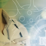 A doctor in a lab coat and mask points at a digital interface displaying healthcare icons, a neuron illustration, and the letters AI, symbolizing artificial intelligence in medicine.