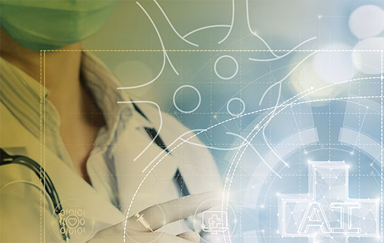 A doctor in a lab coat and mask points at a digital interface displaying healthcare icons, a neuron illustration, and the letters AI, symbolizing artificial intelligence in medicine.
