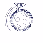 A rocket labeled AWIS circles a moon with the text SUMMER OF SCIENCE INSPIRED BY DISCOVERY around it. Small icons of an atom and a person using a microscope appear on either side of the moon.