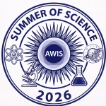 A blue and white emblem reads “SUMMER OF SCIENCE 2026” with “AWIS” in the center. Surrounding images include an atom, a microscope, a beaker, and planets with a telescope.
