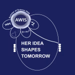 A graphic with AWIS in a circle, surrounded by science icons and the text Summer of Science 2023. Below, HER IDEA SHAPES TOMORROW is written inside an abstract head outline on a dark blue background.
