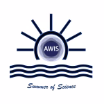 Logo with a stylized sun rising over three wavy lines, “AWIS” in the sun’s center, and the text “Summer of Science” below. The design uses shades of blue on a white background.