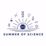 Logo with SUMMER OF SCIENCE text, a sun graphic labeled AWIS at the center, and science-themed icons including a DNA strand, microscope, beaker, atom, and plant surrounding the sun.