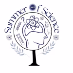 A stylized tree with a human head silhouette in the center, filled with science icons like a DNA strand, atom, flask, and question mark. The text Summer of Science arches around the tree, with the AWIS logo at the top.