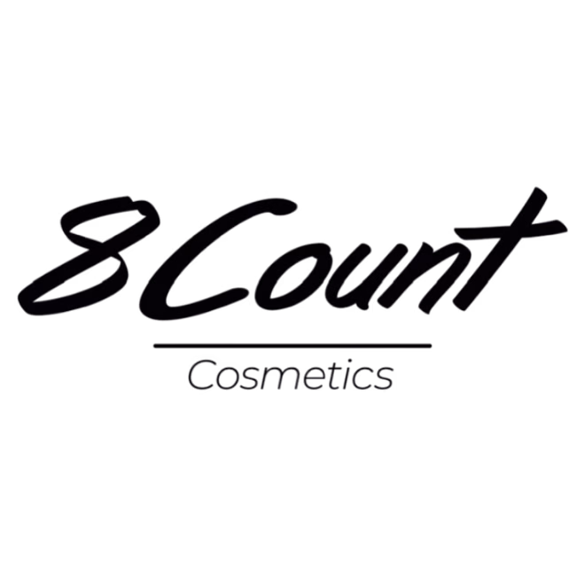 Black script text on a white background reads 8 Count above a line, with Cosmetics in smaller, lighter font below the line—perfect for your summer of science skincare routine.