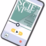 Illustration of a smartphone playing a podcast titled “SCIENTess: women. science. JOY.” The screen displays a flask graphic and playback controls, with headphones plugged into the device.