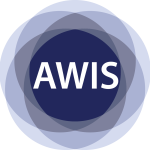 AWIS flower logo has a dark purple center and lighter shades of purple surrounding it and the acronym AWIS in the center in white text