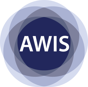 AWIS flower logo has a dark purple center and lighter shades of purple surrounding it and the acronym AWIS in the center in white text