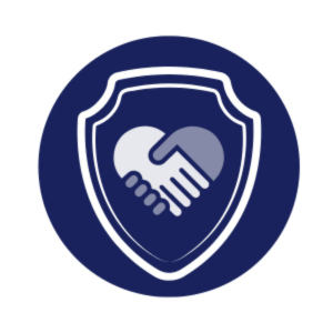 handshake icon forms a heart emblem on a shield