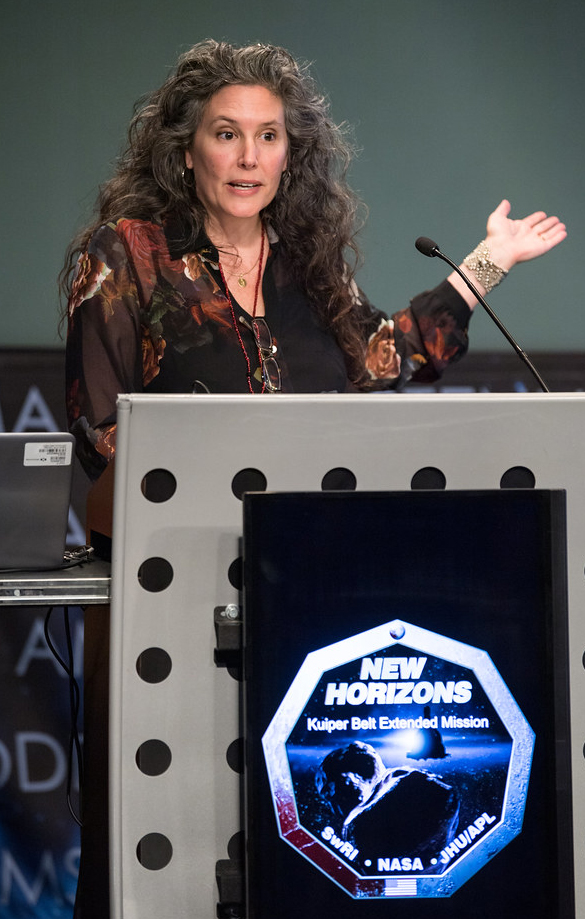 Daniella Scalice emceeing the naming ceremony of Arrokoth, a Kuiper Belt Object. Credit: NASA