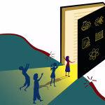 Illustration of four children approaching and entering a large, open book with science symbols on its cover, glowing with light and casting shadows, symbolizing discovery and learning.