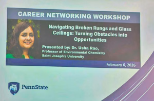 Event poster for a Career Networking Workshop featuring Dr. Usha Rao, titled Navigating Broken Rungs and Glass Ceilings: Turning Obstacles into Opportunities, scheduled for February 6, 2026, at Penn State.