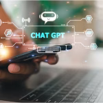 A person uses a smartphone and laptop, with a digital overlay showing CHAT GPT and icons representing technology, communication, and artificial intelligence.