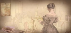 A sepia-tone illustration of a woman in period dress facing away with lab items in front of her