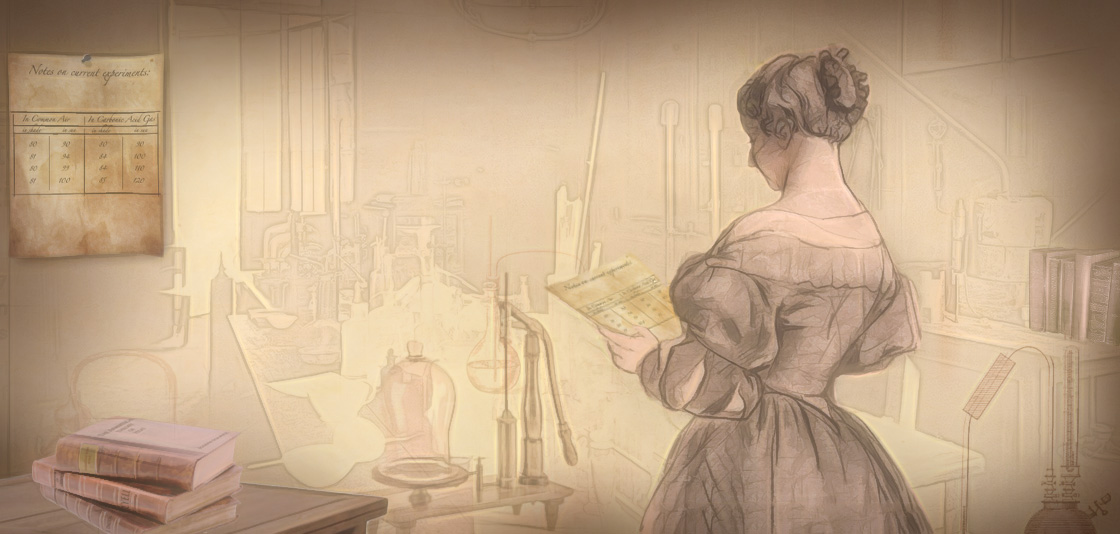 A sepia-tone illustration of a woman in period dress facing away with lab items in front of her
