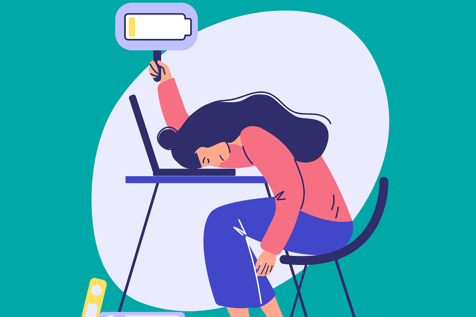 Illustration of woman with head on computer holding up a depleted battery