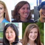 A collage of five women smiling, shown from the shoulders up. The background varies for each person, with some indoors and some outdoors, all dressed in casual or professional attire.