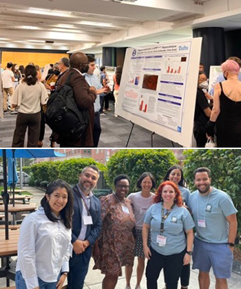 Highlights from Tufts annual summer symposium organized by Tufts SACNAS chapter, Tufts Micro and various pipeline programs. Top: Students presenting their research. Bottom: Iris Montes with a group of students.