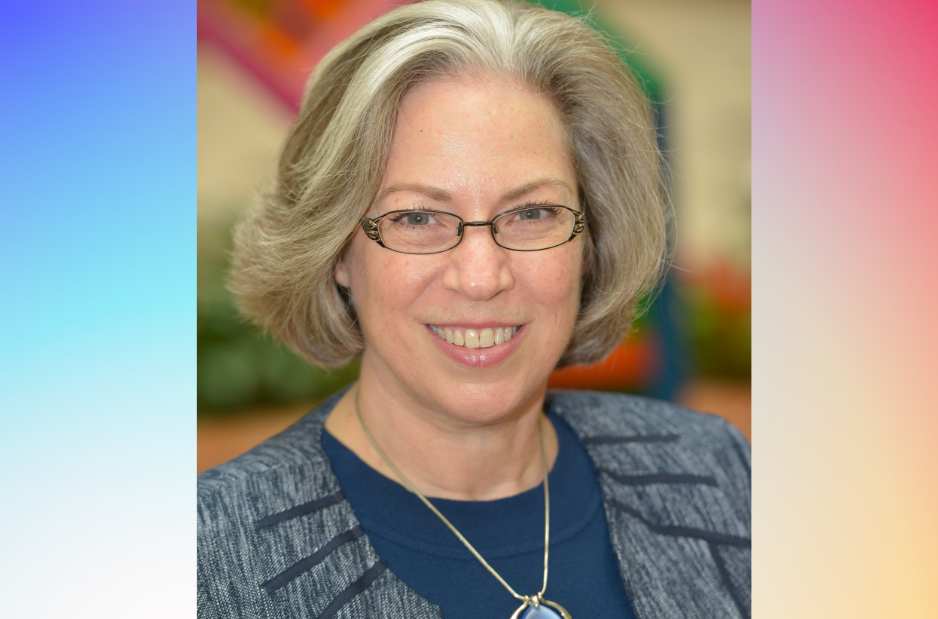 Headshot of Joanne Tornow on a multicolored background