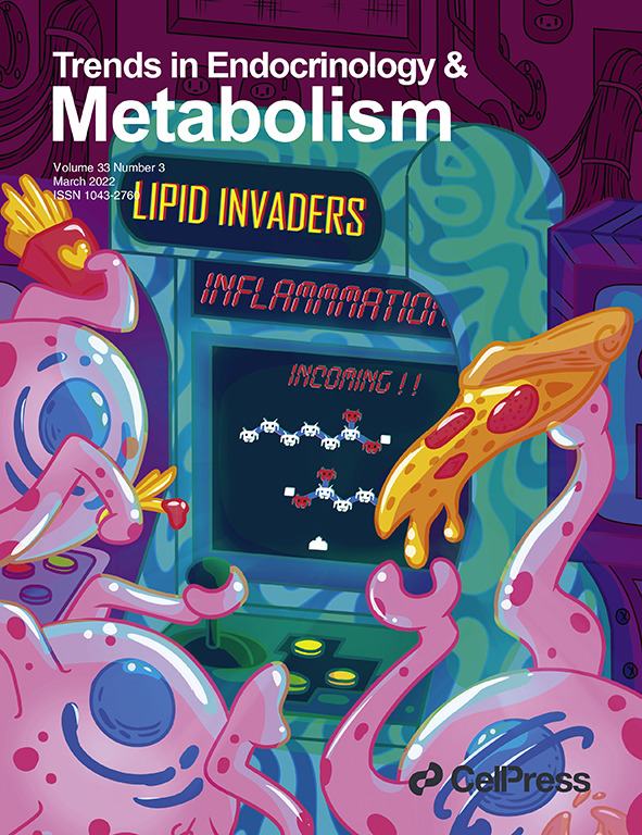 Cover of Trends in Endocrinology & Metabolism featuring an illustration of a video game that says "lipid invaders" and "inflammation"