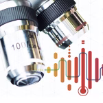 Close-up of a microscopes objective lenses with colorful, stylized sound wave graphics overlaid, symbolizing the intersection of scientific research and data analysis.