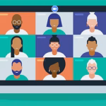 Illustration of a laptop screen displaying a video call with nine diverse cartoon avatars in a grid layout, each in a different colored square, representing a virtual meeting.