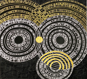 White and yellow overlapping circles and lines on a black background