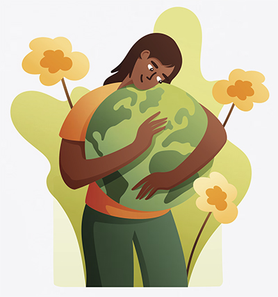 illustration of woman holding the earth, surrounded by flowers