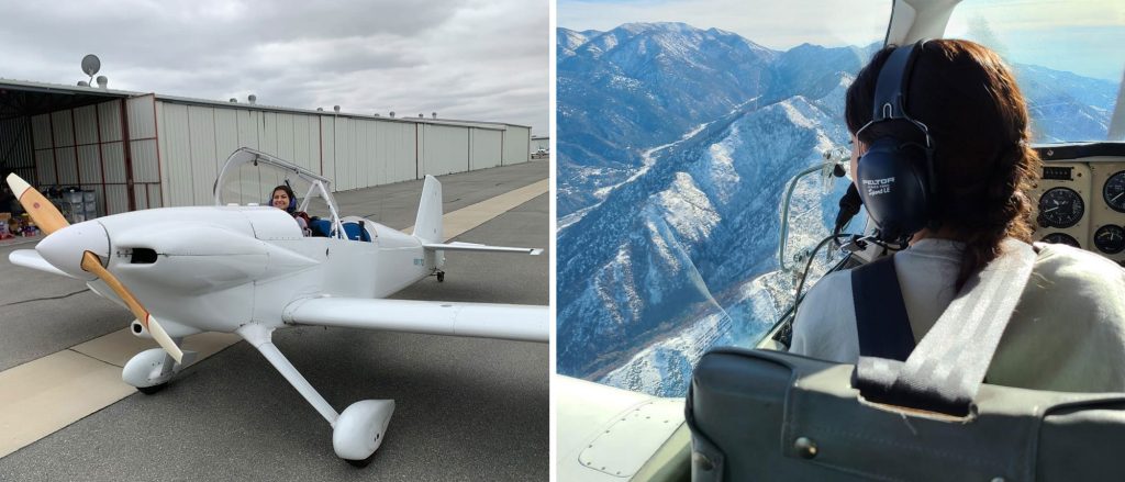 Left: Tommalieh’s first flight in an experimental tailwheel aircraft. Right: Tommalieh flies a Beechcraft Bonanza over the San Bernardino mountains in California